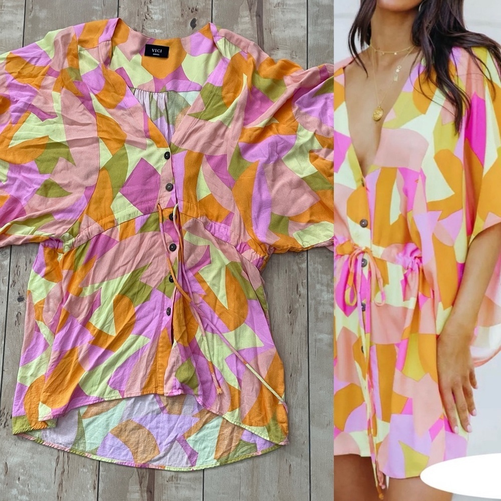 Vici Collection Mini Kimono Dress W Tie Waist &‎ Buttons Women’s S Multi Colors